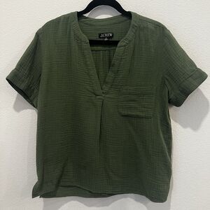 J.Crew Womens sz M V Neck Double Gauze Cotton Top Shirt Olive Green Lagenlook